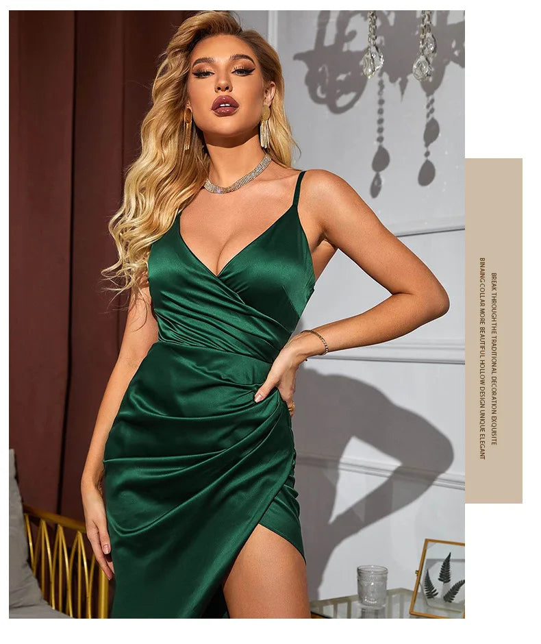 Satin V-Neck High Slit Midi Dress